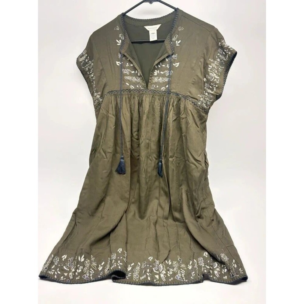 Sundance Olive Embroidered Boho Knee Length Dress Floral Viscose Size M